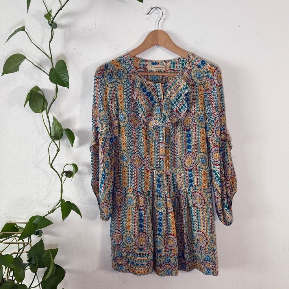 See by Chloe geometric pattern long sleeve silk mini dress